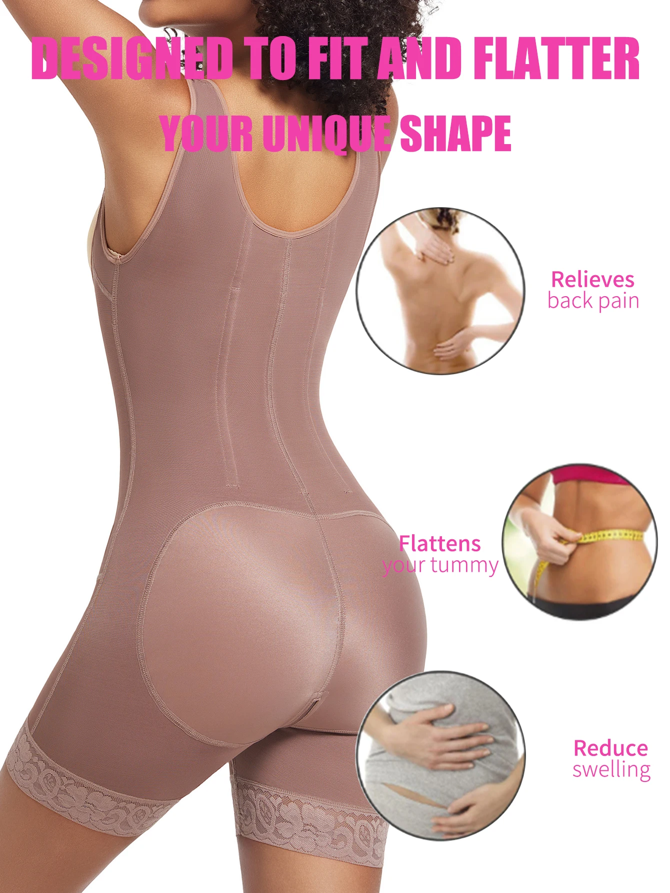 Women's Lace-Trimmed Shapewear Bodysuit High Compression Belly Control Corset with Adjustable Straps & Zipper