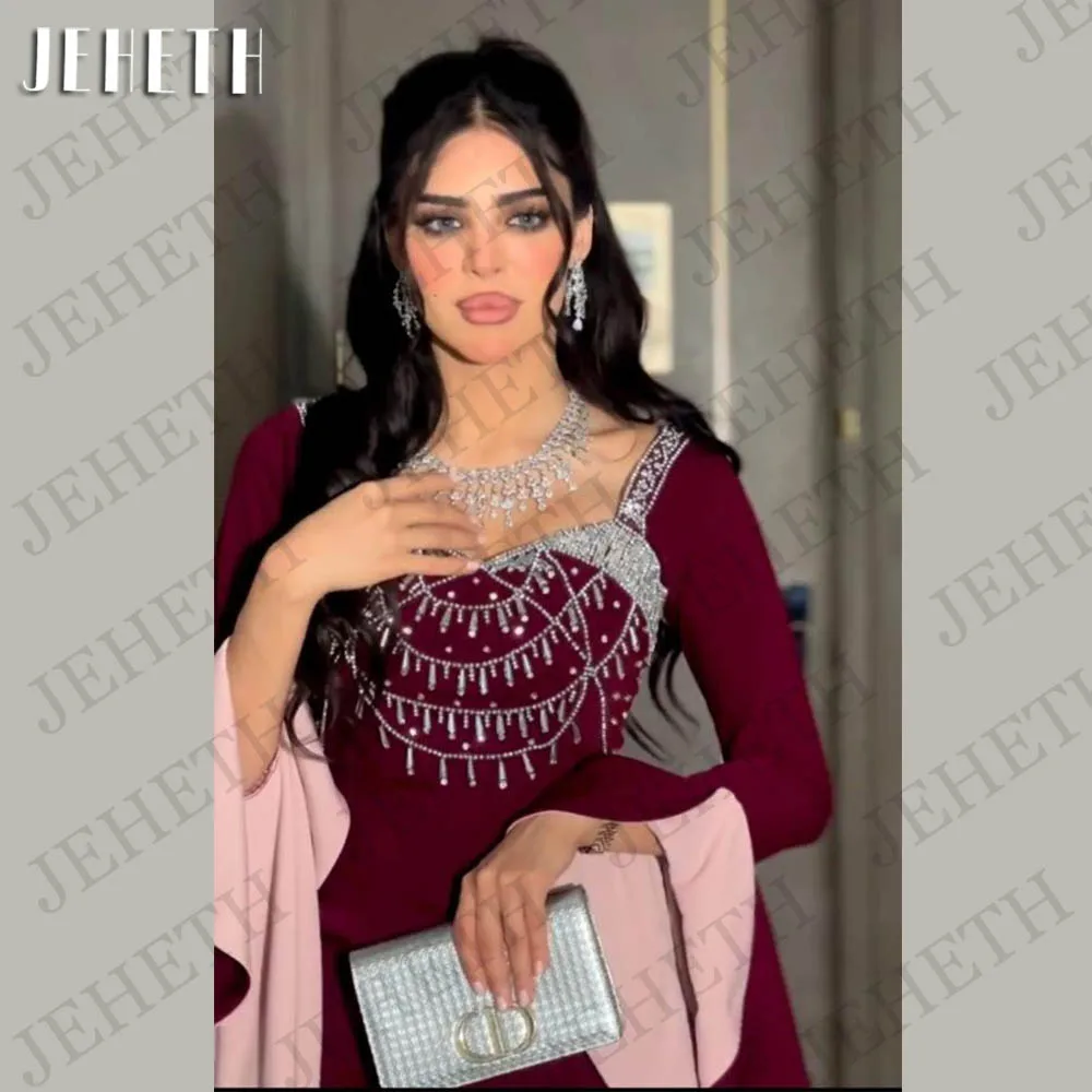 JEHETH Luxury Mermaid Dubai Evening Dresses Woman Burgundy Saudi Arabic Long Sleeves Beaded Split Formal Celebrity Occasion Gown