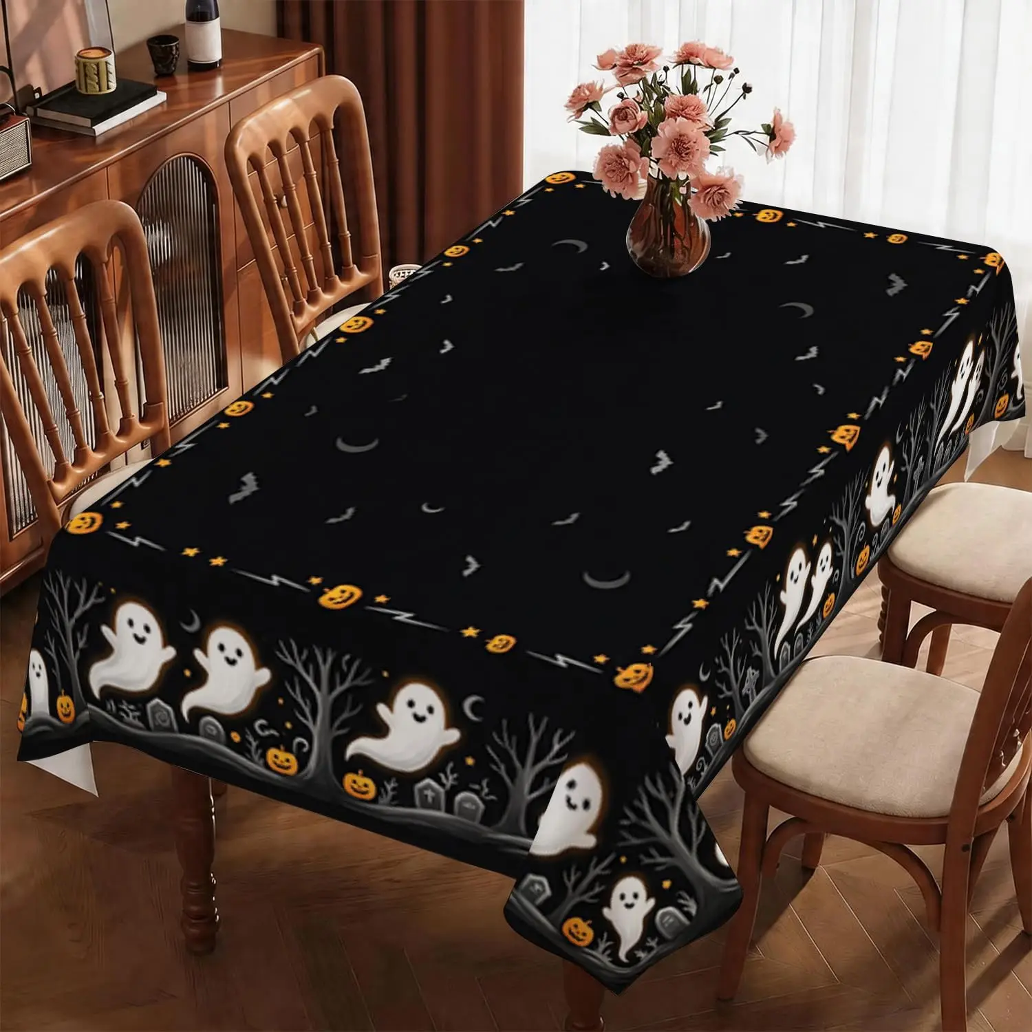 Halloween Ghost Pumpkins Grave BOO Rectangle Tablecloth for Table Decor Reusable Kitchen Dining Table Cloth Halloween Decoration