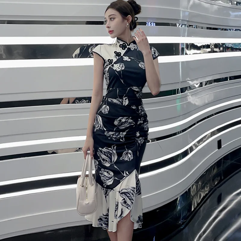 Vestido chino Vintage Sexy sin mangas Mujer Qipao clásico elegante cuello mandarín largo Cheongsam ajustado Split Vestidos Mujer