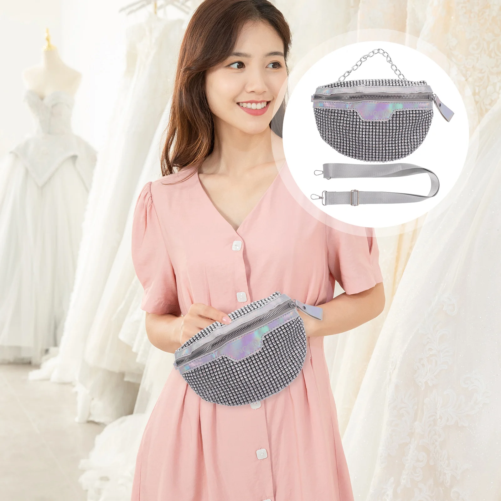 Riñonera con diamantes brillantes, bolsos, bolsa de almacenamiento con diamantes de imitación, Pu brillante para niña y mujer, riñonera de compras de felpa para mujer