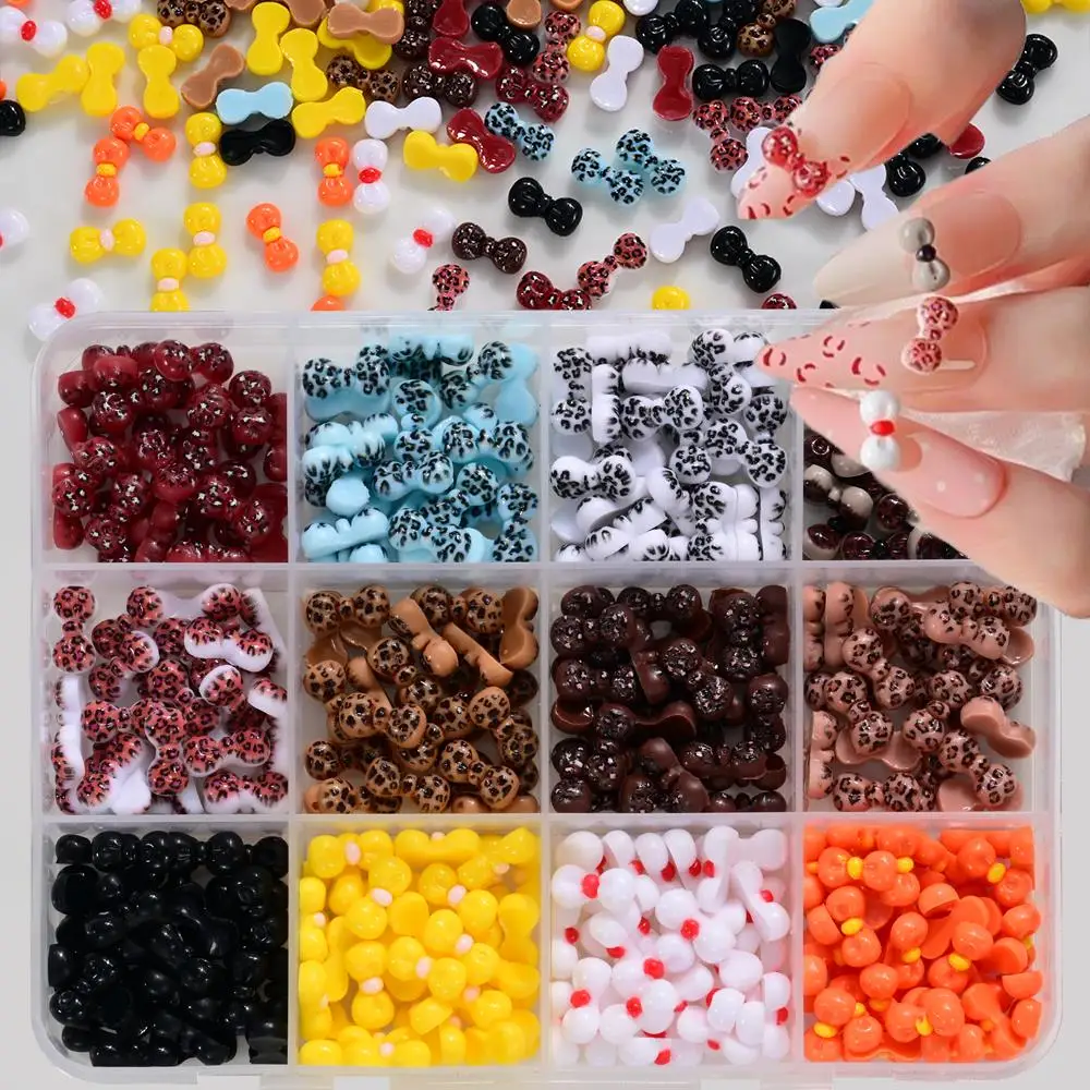 12Grids 3D Mini Leopard Print Bow Nail Charms Colorful Resin Bowknot Nail Art Decorations Kawaii Leopard Bowtie Nail Art Supplie
