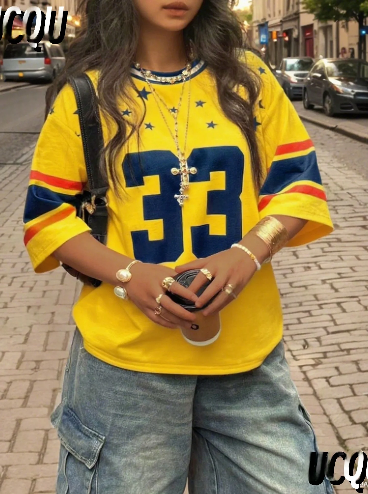 موضة عادية رقم 33 طباعة س الرقبة المرأة تي شيرتات قصيرة الاكمام الصيف عطلة تي شيرت البيسبول الفانيلة شريط المتضخم تي شيرت رياضي #4