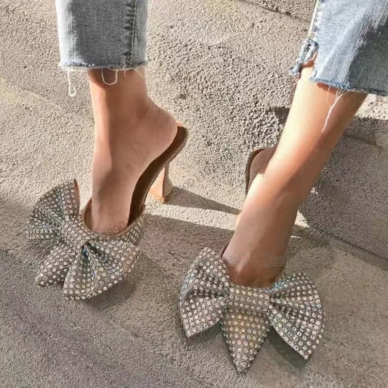 

Multi Colors Crystal Bow Knot Pointed Toe Slippers Slip On Women Shoes Strange Style Heels Fashion Sexy 2023 Zapatos Para Mujere