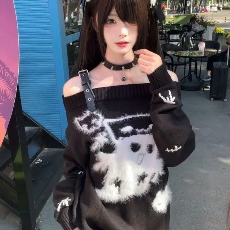 Korean Subculture Long Sleeve Black Sweater Women Casual Sweet Cartoon Embroidery Pullover Cute Slash Neck Knitwear Patchwork