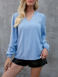 Women's Fall Long Sleeve Blouses Dressy V Neck Work Tops Casual Pom Poms Shirts Flowy Tunic Tops