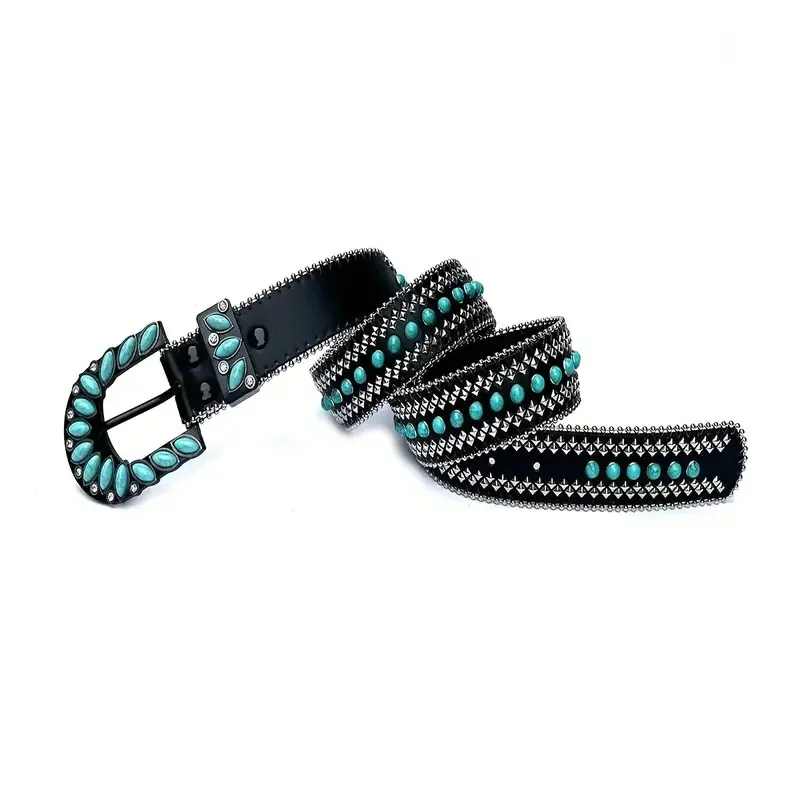 

Western Bohemia Turquoise Stone Rhinestone PU Leather Men Belt Fashion Jeans Causal Pants Belt for mens