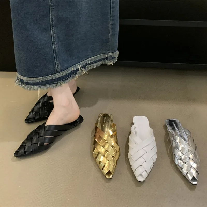 Bailamos Summer Women Slipper Fashion Weave Pointed Toe Slip On Ladies Mules Shoes Flat Heel Sandal Shoes Dress Slides Mujer