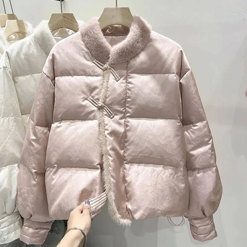 Katoenen winterjas voor dames, kort, pure kleur, opstaande kraag, patchwork, bloemenborduurwerk, dichtgeknoopt, verdikte normale mouw