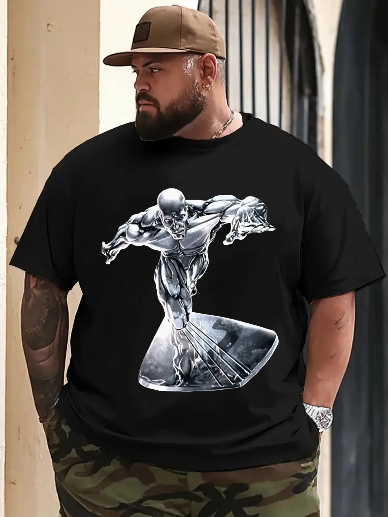 

100% Pure Cotton Plus Size 200g T-Shirt Black Silver Surfer Print Casual Wear