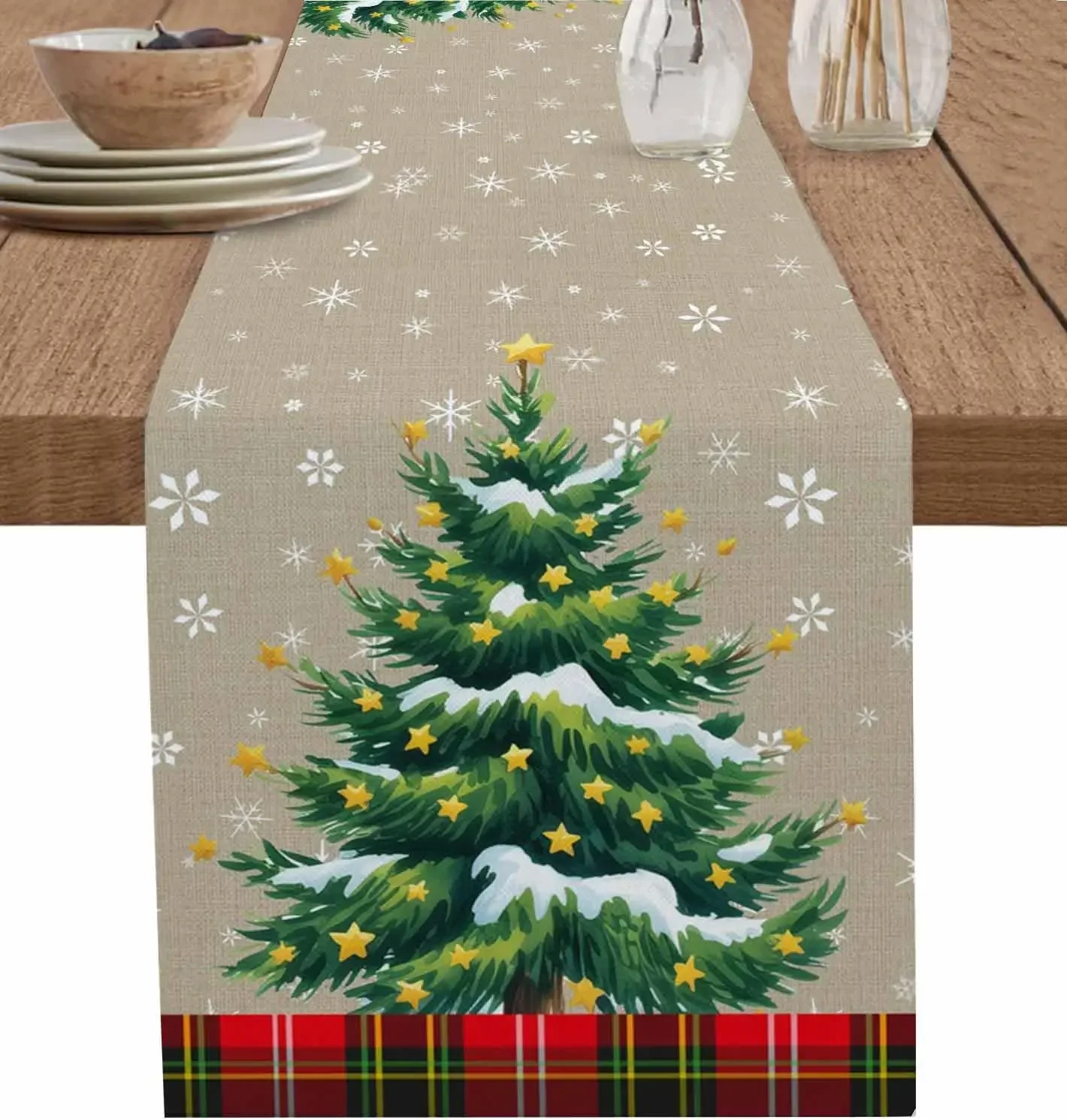 Merry Christmas Tree Plaid Linen Table Runner Table Decor Winter Snowflakes Kitchen Dining Table Runners Christmas Decorations