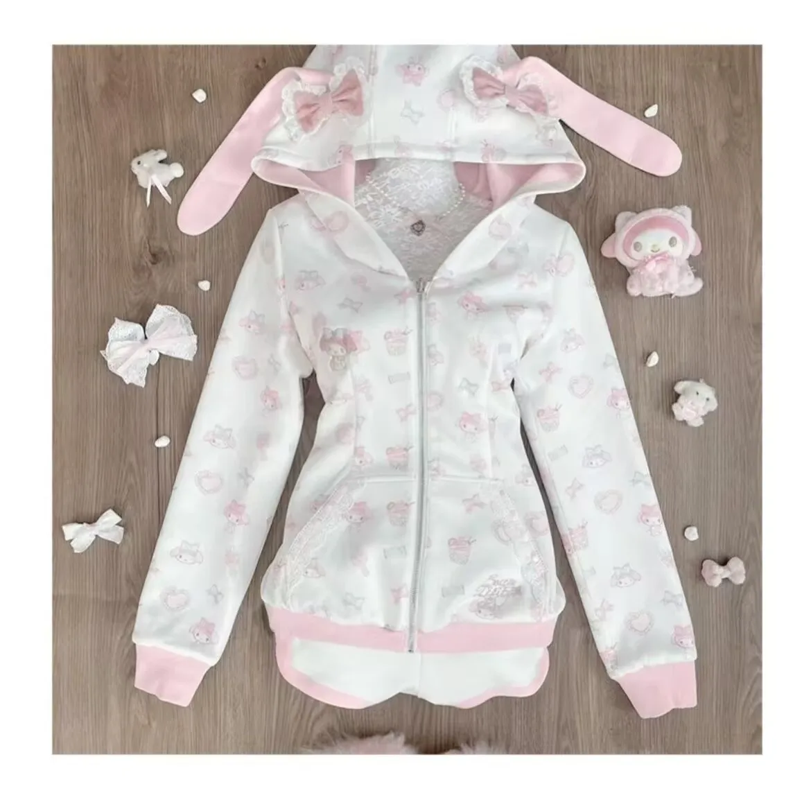 Harajuku ญี่ปุ่น Kawaii เสื้อการ์ตูนกระต่ายพิมพ์ Hoodie Y2k สีชมพู Subculture Bow Zip Up Hoodie ผู้หญิง Slim Anime Hoodie