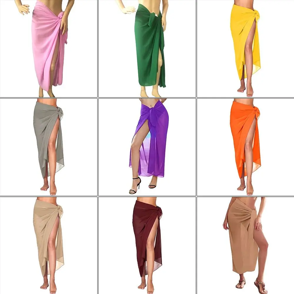 

Long Sarong Short Length Beach Dress Multi-Color Sheer Material Swimsuit Cover Up Knot Waist Mesh Beach Wrap Dress Beach Wear