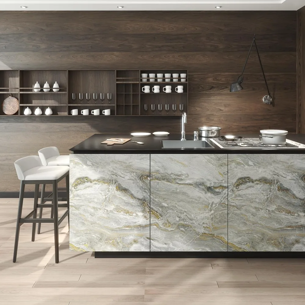 ورق اتصال مقاوم للماء قابل للتقشير واللصق بنمط رخامي باللون الرمادي والذهبي لأسطح المطبخ والحمام، مقاس 160 × 36 بوصة #6