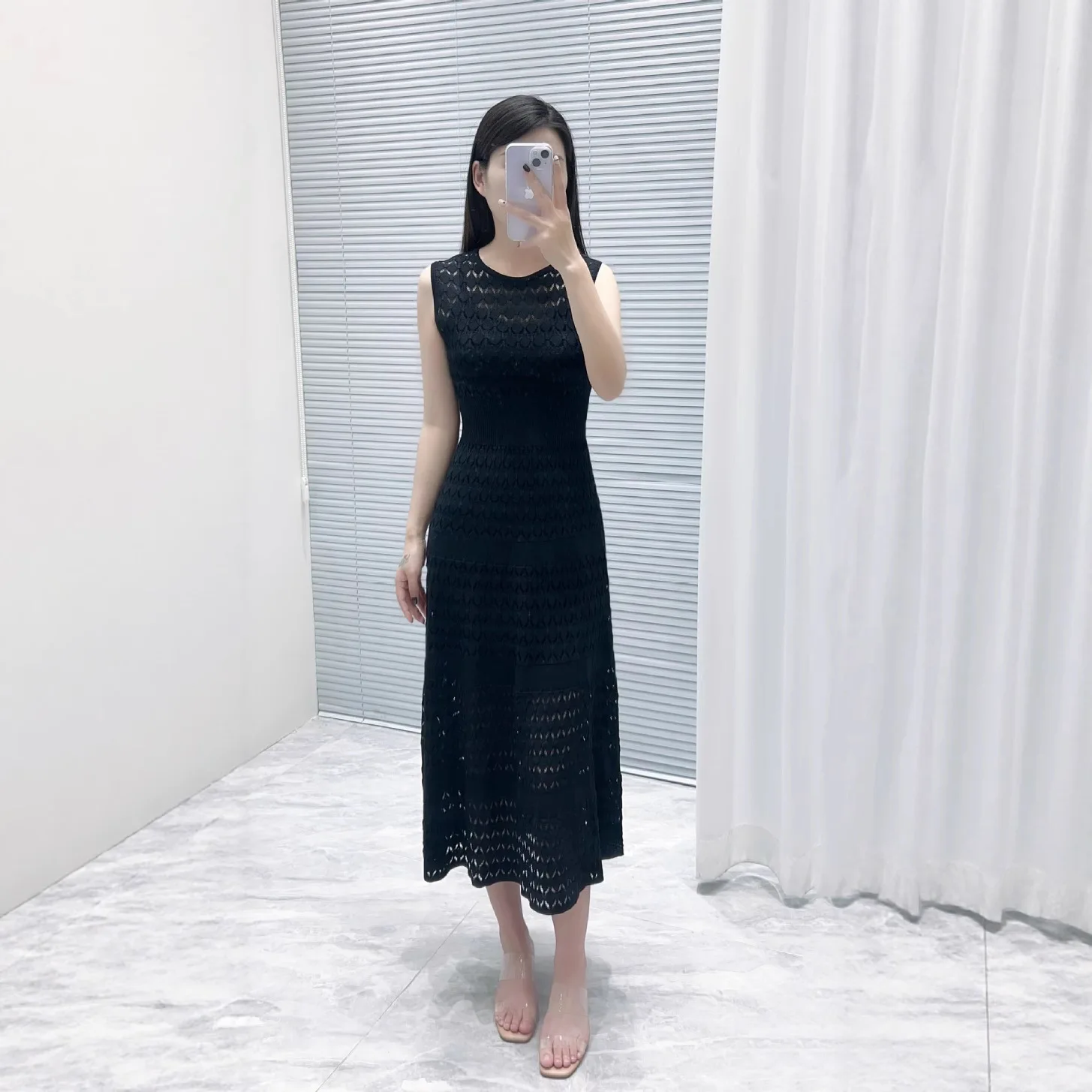 女性ブルーラウンドネックニットドレスノースリーブハイウエストフェスティバルパーティーミディローブ