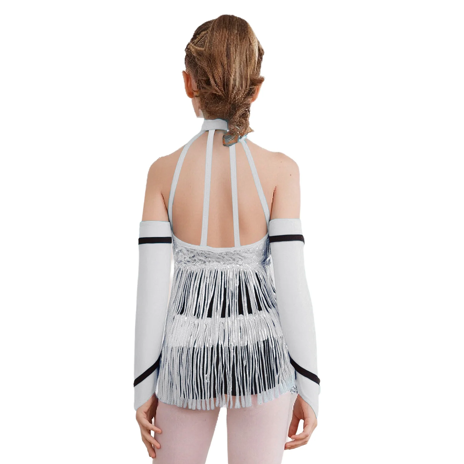 

Детский комбинезон для латинских джазовых бальных танцев для девочек, блестящий купальник с кисточками без рукавов и перчатками, костюм для танго, сальсы, румбы