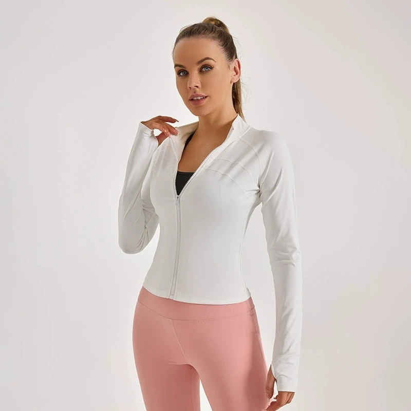 Ropa de Yoga con cremallera americana para mujer, Tops de otoño con cuello levantado, Chaquetas deportivas de manga larga, abrigo ajustado liso cómodo para mujer