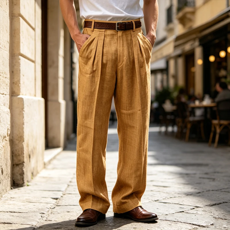 Summer Men Linen Pleated Wide Leg Pants Vintage High Waist Suit Trousers Business Casual Breathable Straight Pants Daily Wear