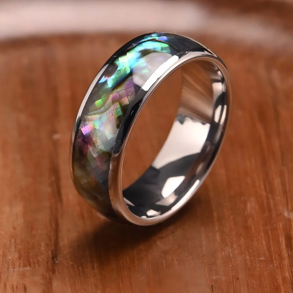 High Quality 8mm Couple Ring Best Tungsten Ring Abalone Sea Shell Inlaid for Wedding Bands Direct Factory Source