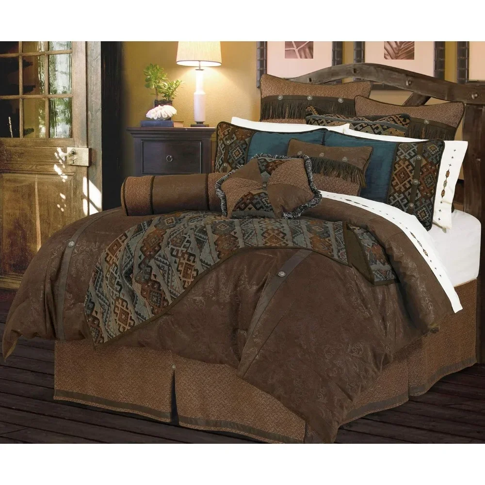 

5 Piece Comforter Set, Super King Size, Blue and Brown Bedding Set, 1 Comforter, 1 Bed Skirt, 2 Pillow Shams, 1 Accent Pillow