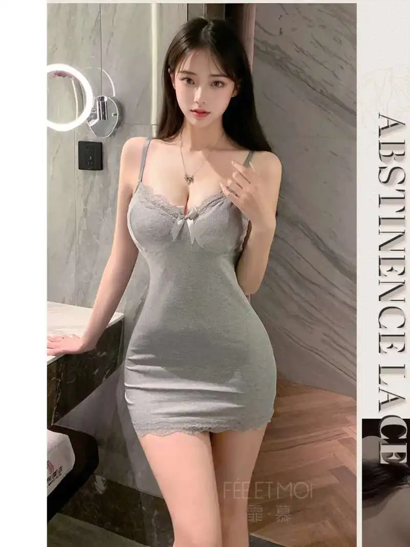 الرغبة حار فتاة نقية الدانتيل ثوب النوم مثير الخامس الرقبة يتعرض الصدر فستان موحد أنيق رمادي الحلو الكورية فستان قصير مثير القمم Z7B