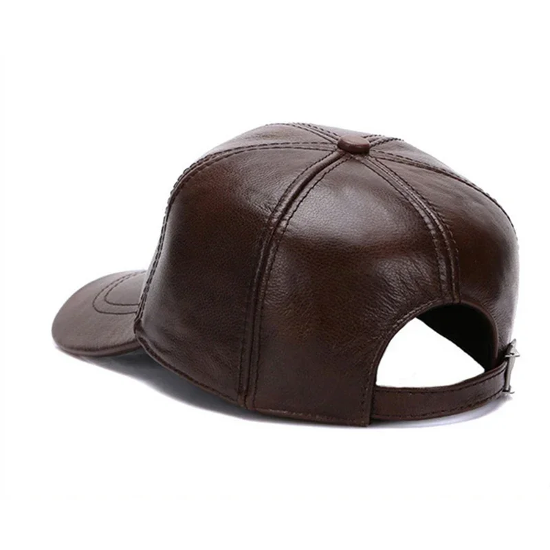 Male High Quality Genuine Real Cow Leather Baseball Hats New Casual Real Leather Earflap Cap Men Real Cowhide Leather Caps Men