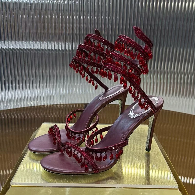 صنادل كعب عالٍ على الموضة النساء كريستال سلسلة حبة الأفعى على شكل لف أحذية الزفاف الصيف رقيقة الكعوب المصارع Sandalias #3