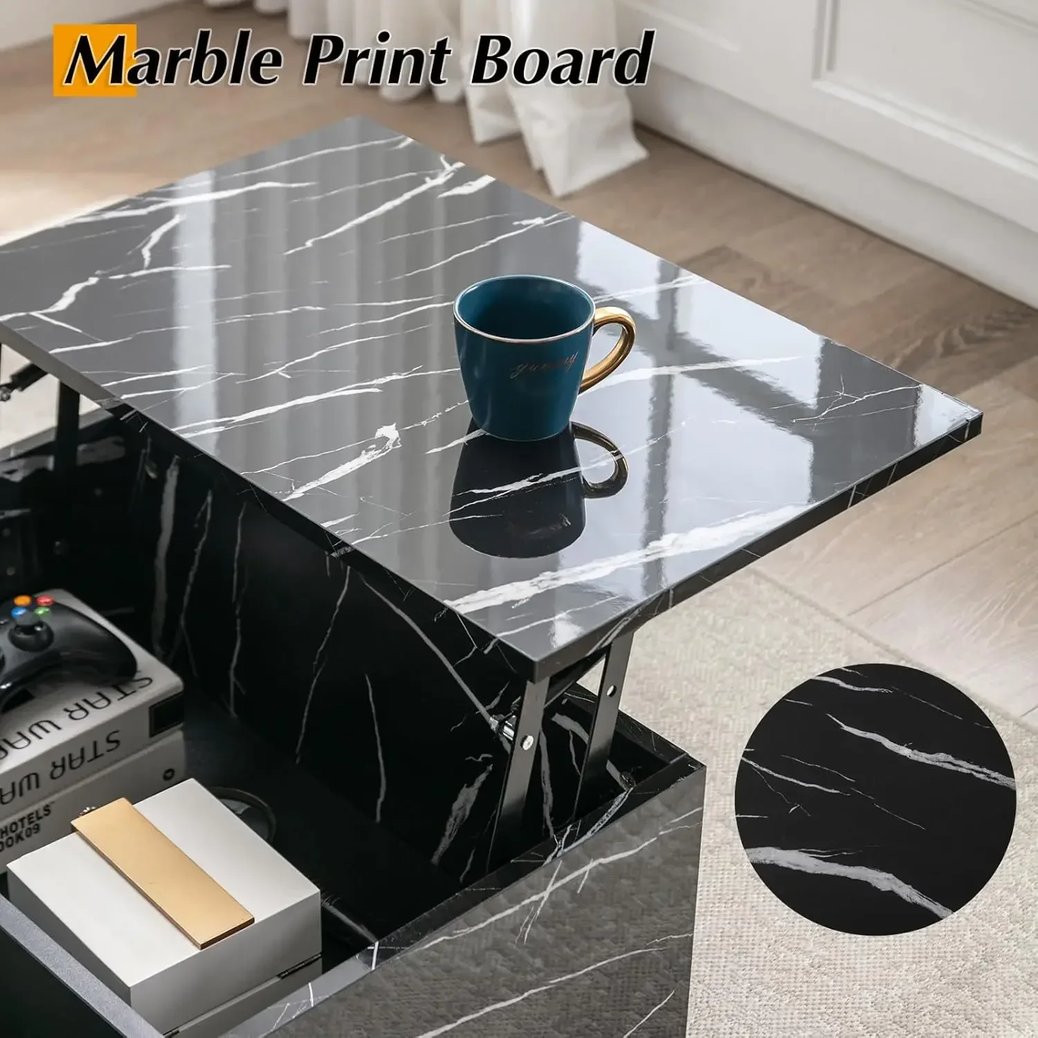 43" Lift Top Marble Coffee Table for Living Room, Modern Extendable Pull Up Center Table with Storage, Black