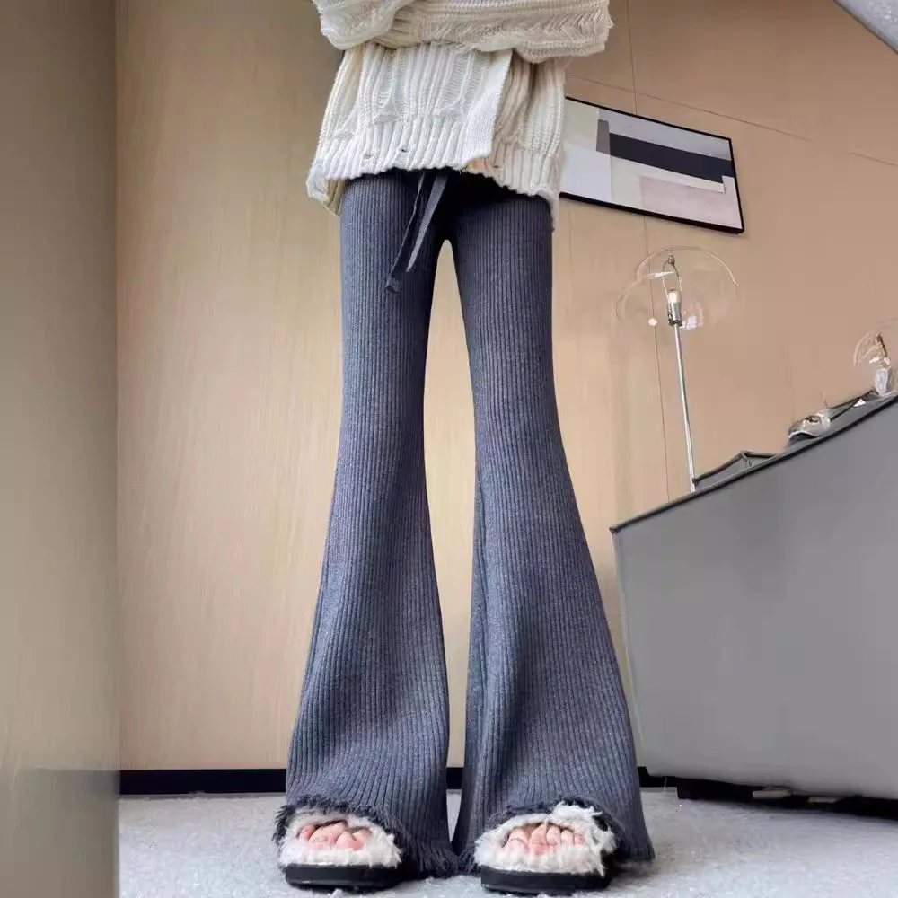 Korean Knitted Pants Women's Tassel Micro Pull Pants Glurow Version Wide Legs Thick Pants