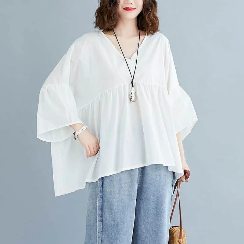 

Solid Shirts for Women Vintage Oversized Quarter Sleeve Pullover Loose Casual Korean Style V-neck One Piece Blouse Women Tops