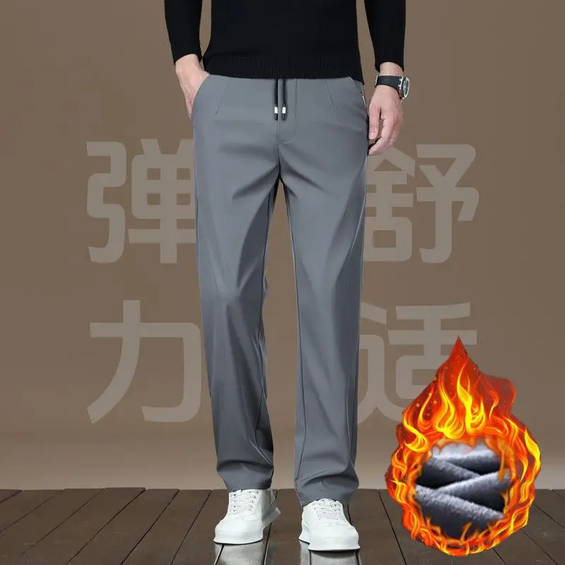 Men's Fleece Lined Thickened Warm Casual Pants Air Conditioning Long Trousers plus Size Men's Clothing Straight Leg Pants