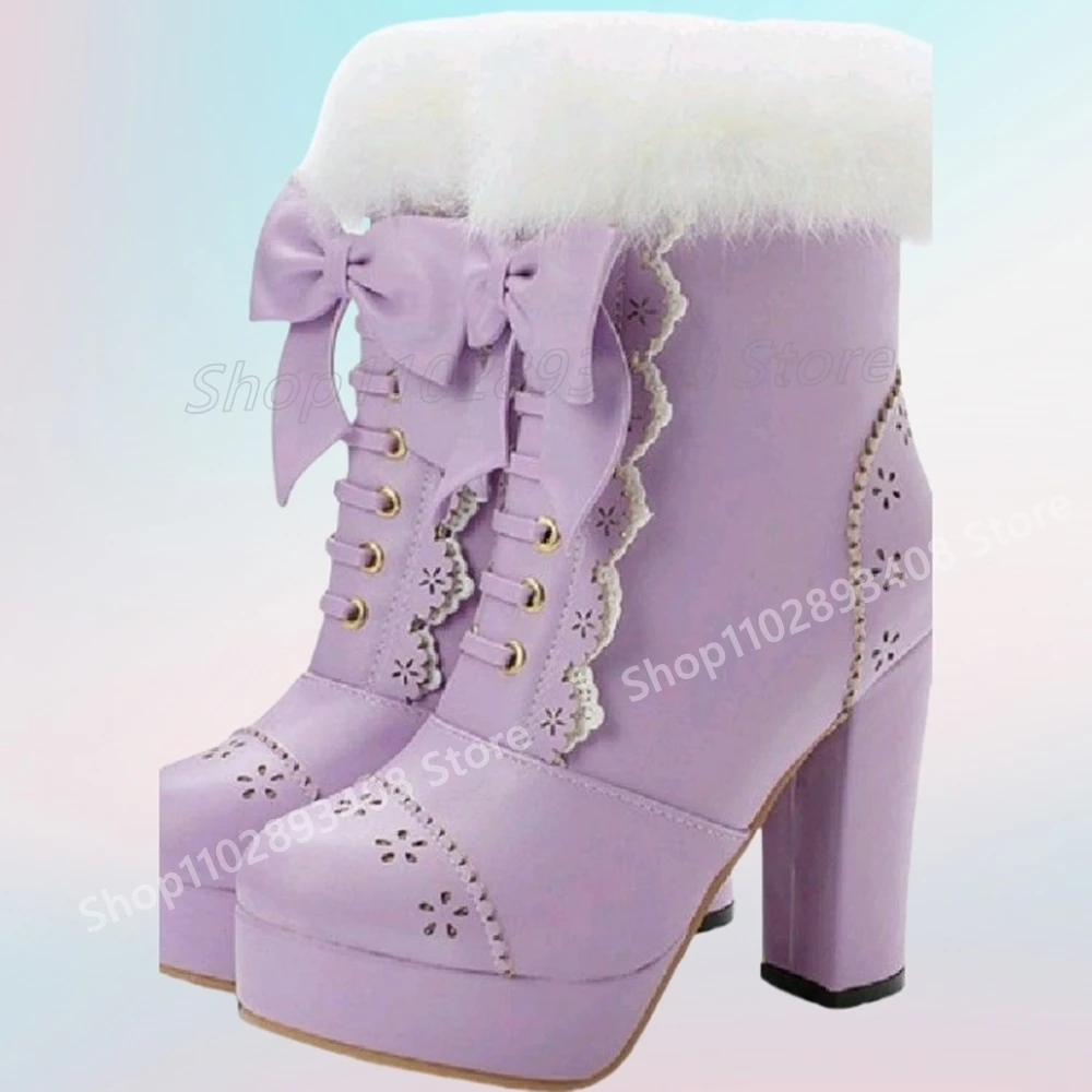 

Purple Fur Butterfly Knot Short Boots Hand-made Elegant Cross Tied Chunky High Heel Women Shoes 2024 Autumn Zapatos Para Mujere