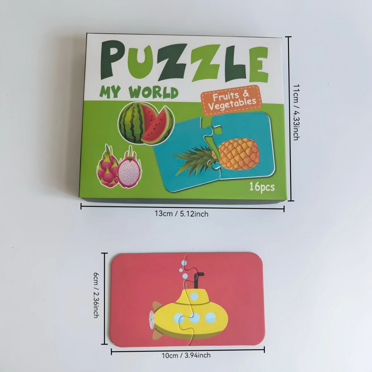 16 Pcs/Set Of Two-Piece Puzzle Card Featuring Large Animals Transportation Fruits And Vegetables Building Blocks