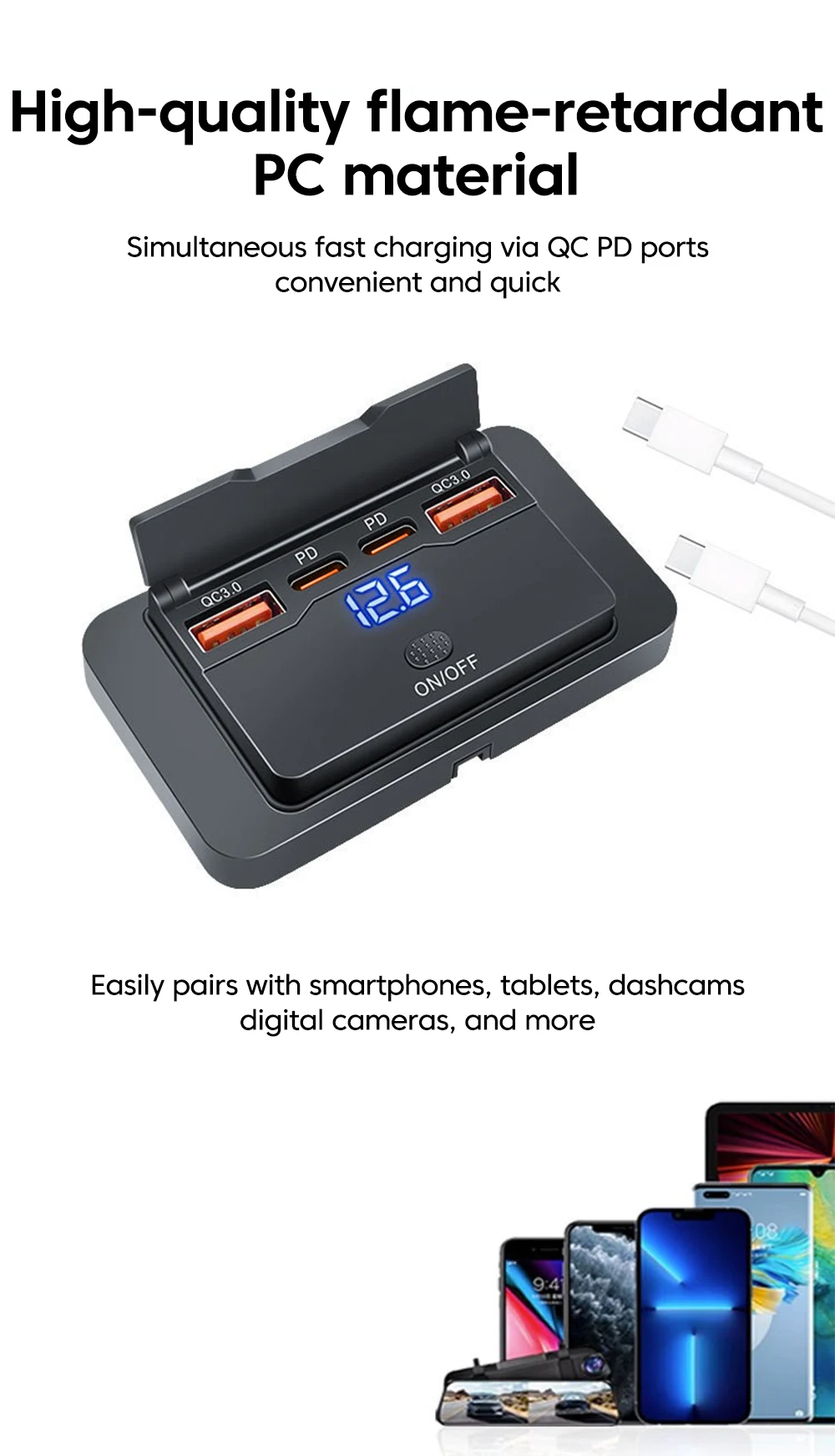 4-Port PD QC3.0 Auto-USB-Ladebuchse 12V 24V Digital-Voltmeter Schnelllade-Steckdose mit Schalter für Fahrzeug, Wohnmobil, Boot – Detail 3