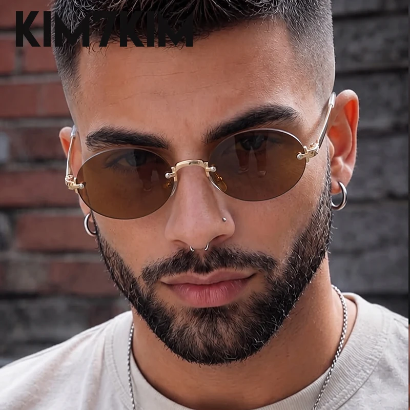 Vintage Oval Rimless Sunglasses Men 2026 Luxury Brand Designer Steampunk Metal Sun Glasses Y2K Streetwear Male Driving Eyewear