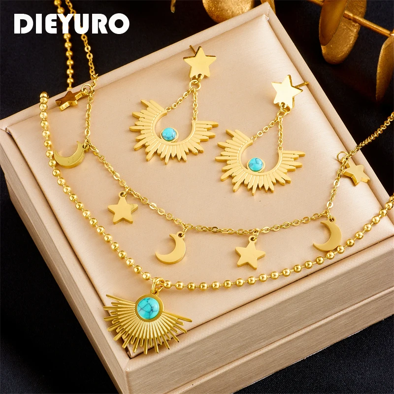 DIEYURO 316L Stainless Steel Vintage Green Stone Pendant Necklace Earrings For Women Girl Fashion Jewelry Set Lady Holiday Gift