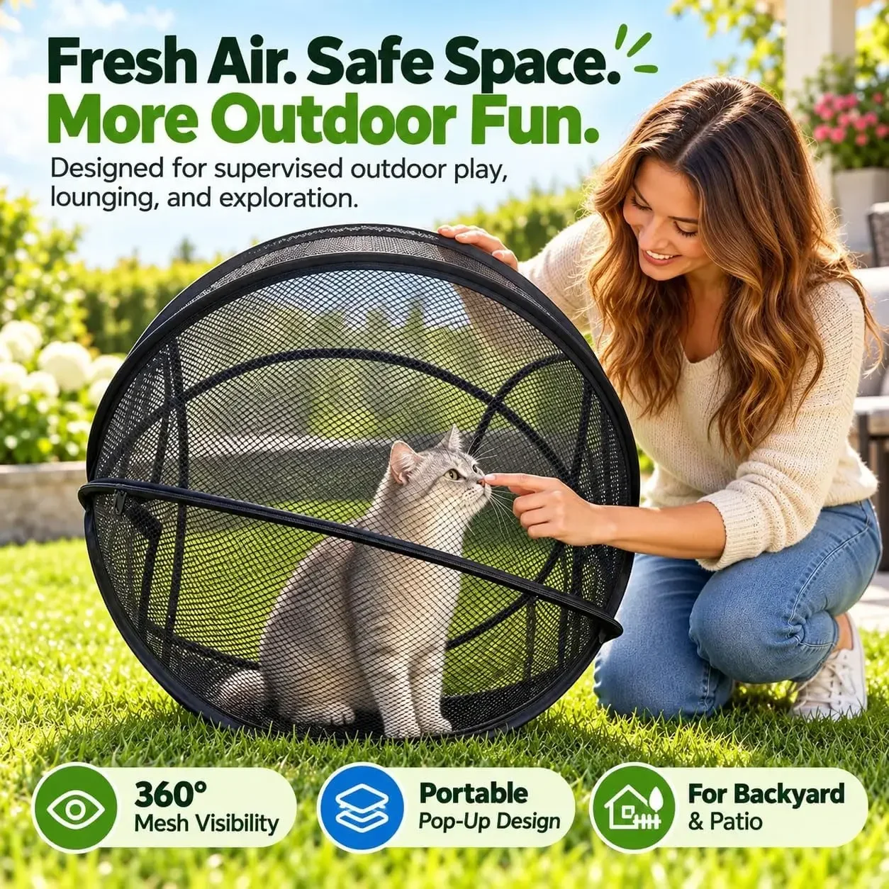 Hamster Ball for Cats Rolling 360 Panoramic Cat Playpen for Outside Collapsible Mesh Pet with Zipper for Backyard and Patio Use