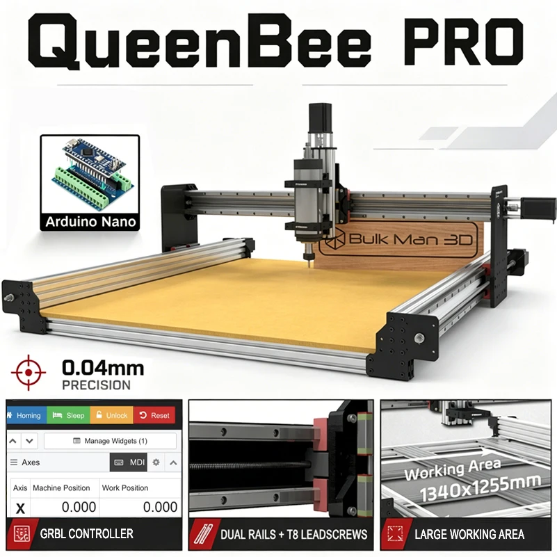BulkMan3D QueenBee PRO 4-Axis CNC Machine Full Kit GRBL Control Lead Screws HGR Linear Rail Engraver for Wood Metal Plastic Mill