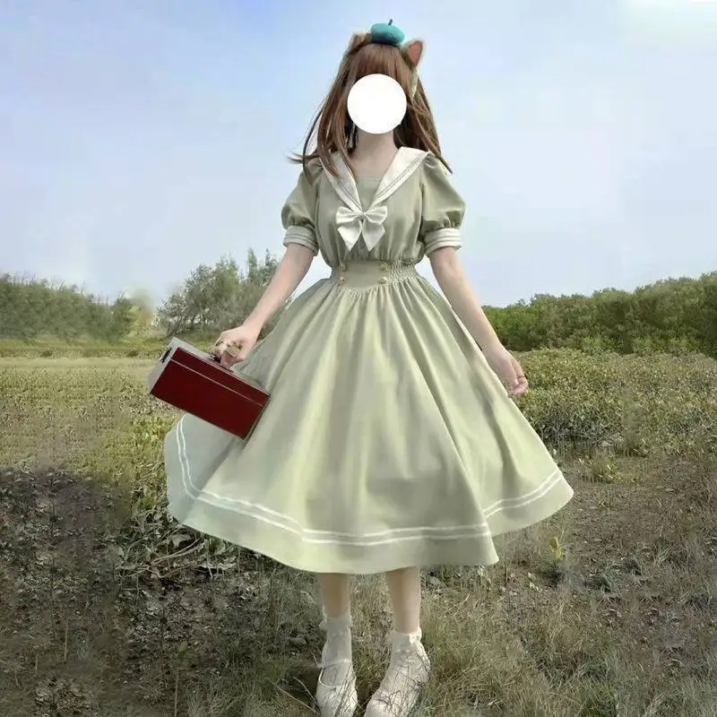 

lolita green dress Japanese Soft Sister Cute Lolita Dress Women Puff Sleeve Slim Green Dresses Party Retro Girls Bow Salior