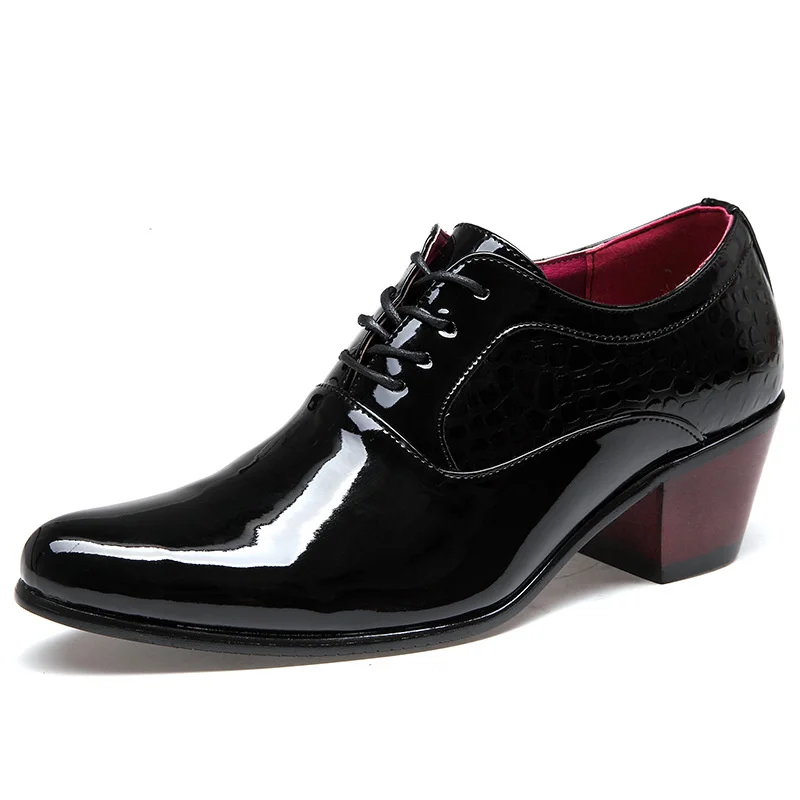 

6cm Taller Casual Business Men Dress Shoes Casual Pointed British Wedding Patent Leather Lace-up Solid Black Wedding Walking