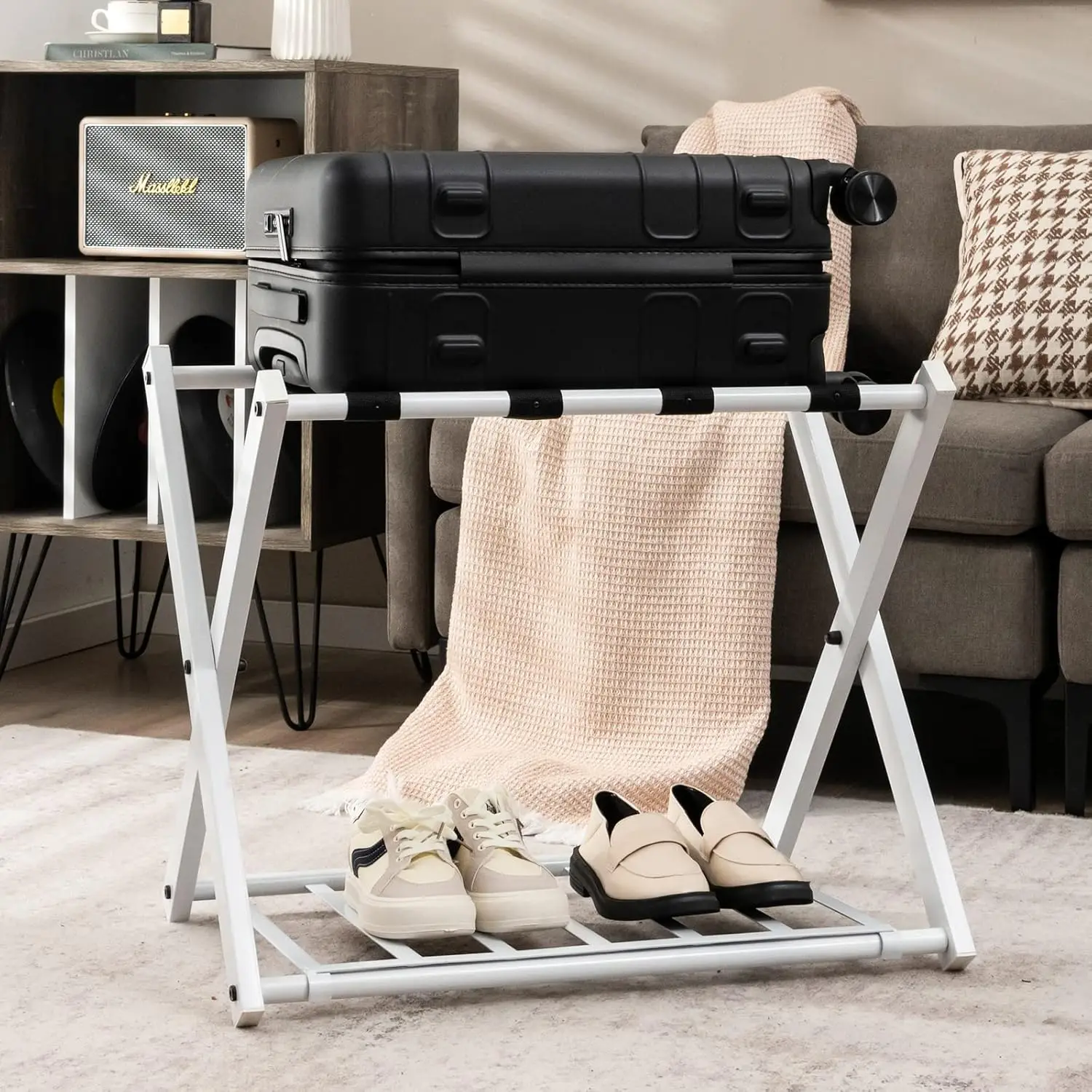 Folding Luggage Rack Pack of 4, 2 Tier Suitcase Stand with Storage Self, Durable Straps, Protective Cover, Large Luggage Holder