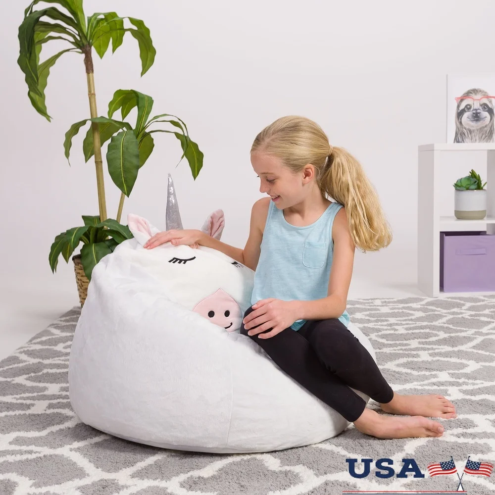 

Cute Soft Furry Bean Bag Chair Kids Animal Design Comfortable Durable Removable Cover Safe Zippered White Unicorn 30in
