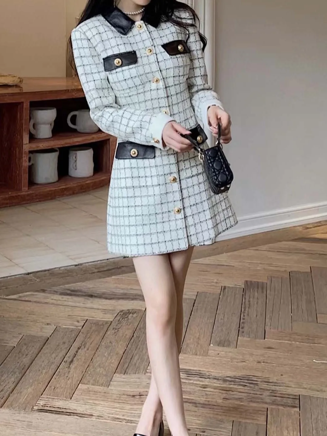 

Autumn Winter Plaid Leather Collar Long Sve Dr Women's Slimming Briti Sle A-Line Midi Dr DBNY