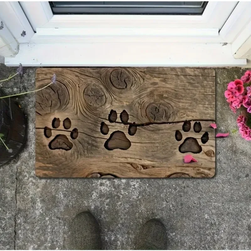 Wooden Door Dog Paw Carpet Painted On The Wall White Dog Claws Door Mat Indoor Mat Floor Mat Flannel Retro Home Decoration