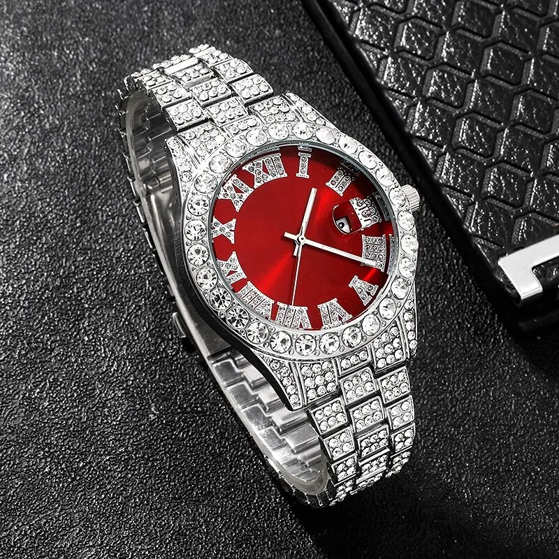 Fashion Rhinestone Wrist Watch Hip Hop 14MM Prong Cuban Chain Rapper Cuban Necklaces Set For Men and Women Punk Party Gift