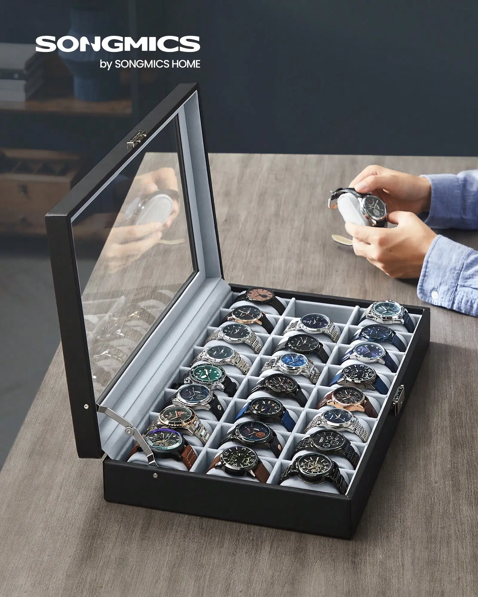 

Коробка для часов, футляр для 24 часов, запираемый ящик для хранения часов со стеклянной крышкой, идея для подарка, черная задняя панель из синтетической кожи.