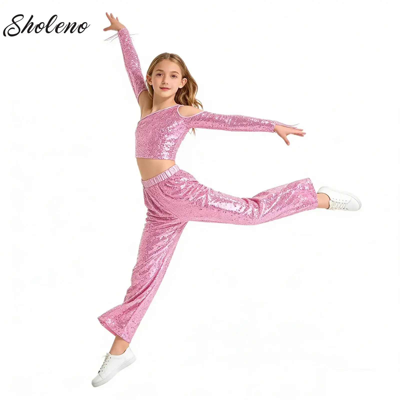 

Kids Girls Disco Jazz Dance Costume One Shoulder Sequin Top+Split Bell Bottom Pants Cowgirls Set for Belly Dance Performance