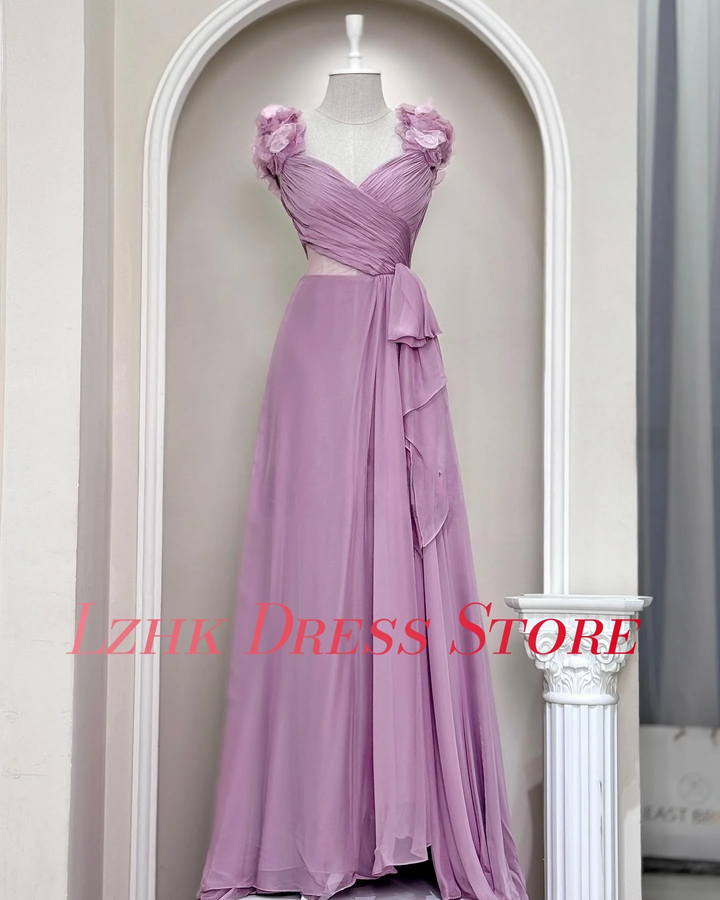 تخصيص رائعة الشيفون ألف خط 3D الزهور مساء اللباس جودة عالية أكمام الحبيب الطابق طول فساتين المشاهير