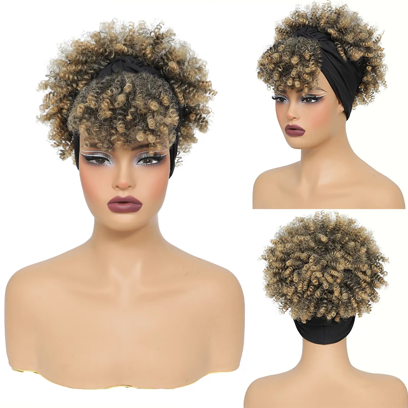 Short Afro Kinky Curly Headbands Wig for Women Afro High Puff Curly Hair Wig with Headband Attached Synthetic Scarf Wig