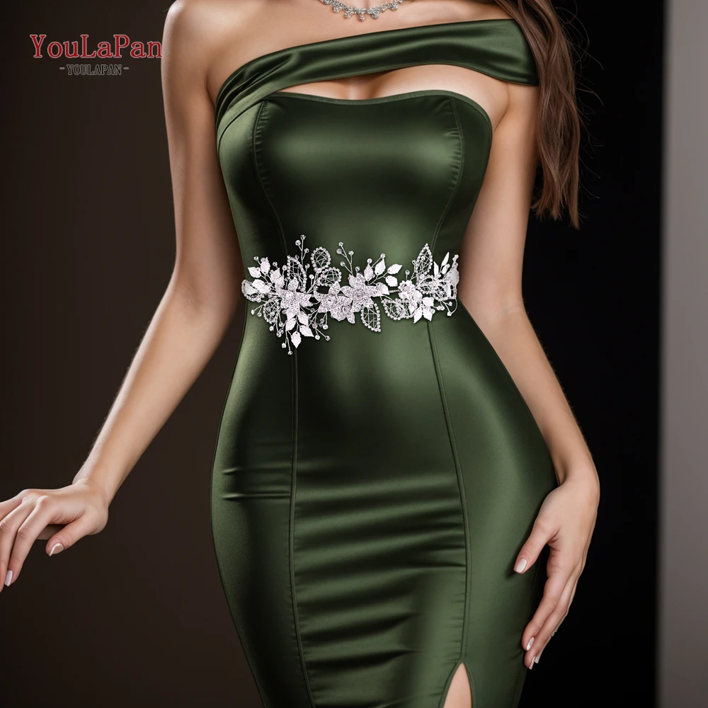 YouLaPan Silver Color Alloy Flower Bride Bling Alloy Leaf Wedding Dress Sash Accessories Handmade Bridesmaid Crystal Belt SH282